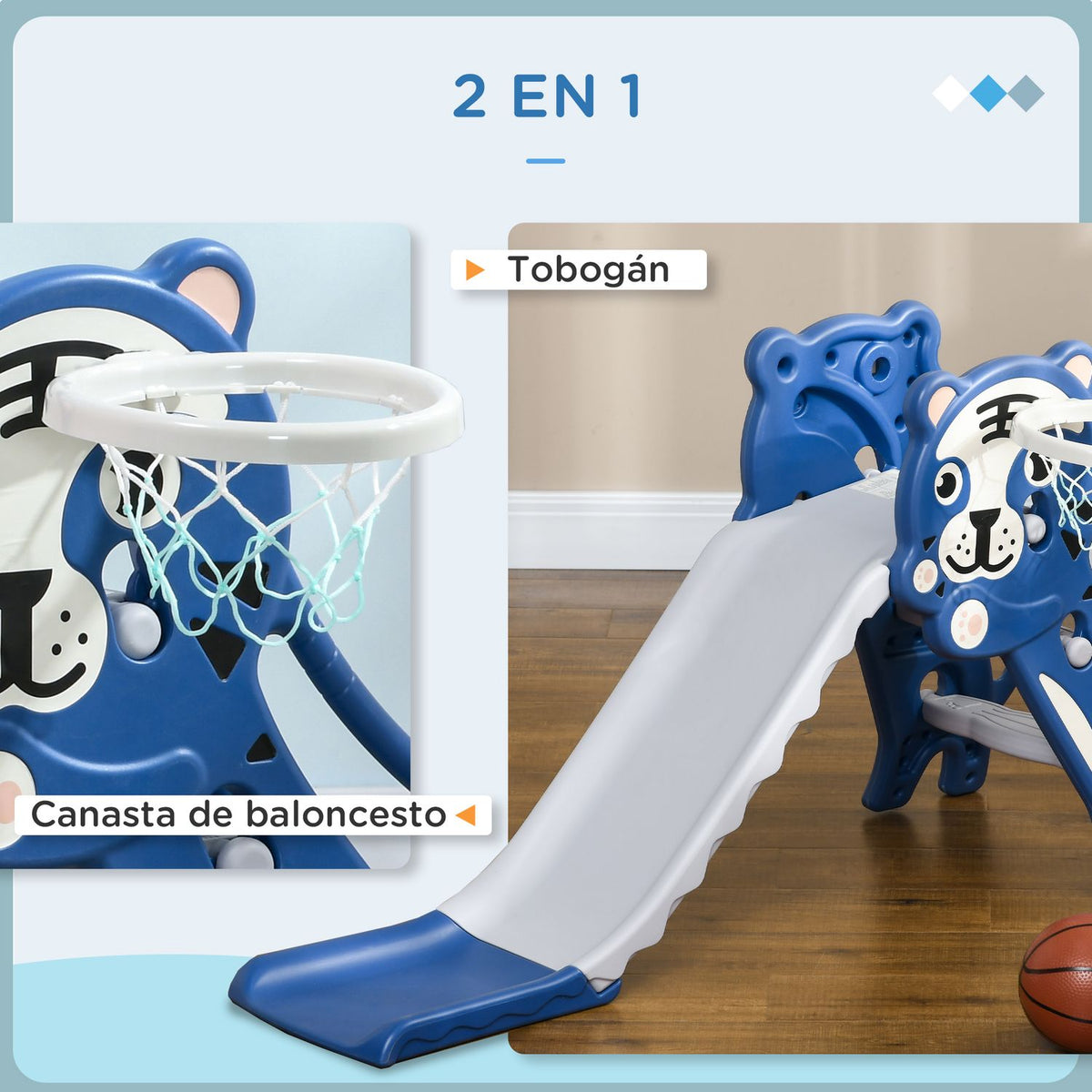 Children's Tobogan 3 In 1 With Blue Tiger Pattern and Grey Aiyaplay