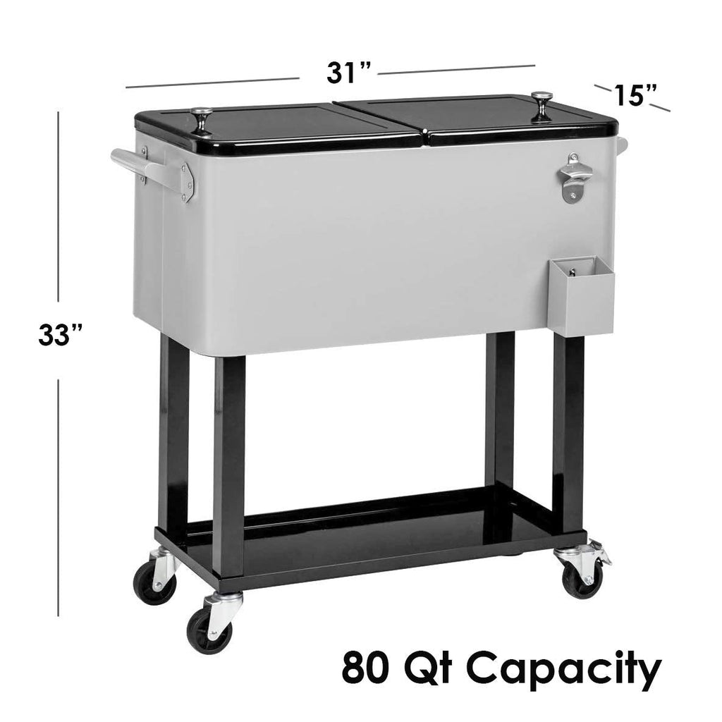 Cooler with 80-room wheels / 20 gallons for outdoor patio, grey, portable cart for cold drinks with shelf, support and bottle opener