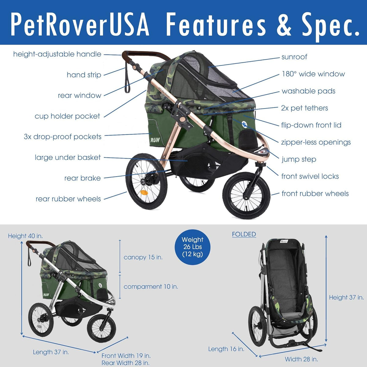 Sportive Car to Run with Confort Rubber Wheels / Quick Pledge with One Hand / Aluminium Structure for Dogs, Cats and Small or Medium Pets (Green Camouflage)