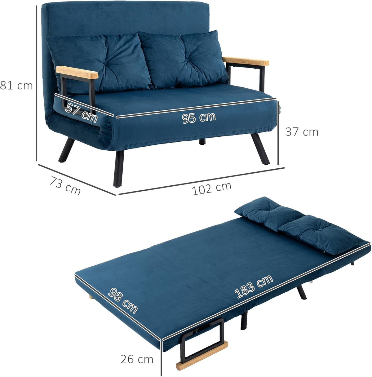 HOMCOM Sofa Bed 2 Seater Folding Sofa Bed Upholstered in Velvet with 5 Levels Adjustable Backrest and Padded Pillows for Office Bedroom Living Room 102 x 73 x 81 cm Beige
