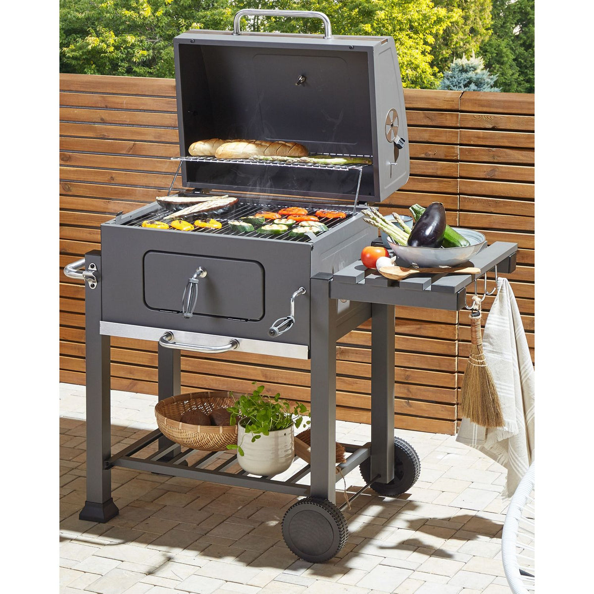 Coal Barbecue Grill Steel Grill with Row Cover Wheels 2 Stations Extractable Ash Thermometer Pavlof Garden - Gris