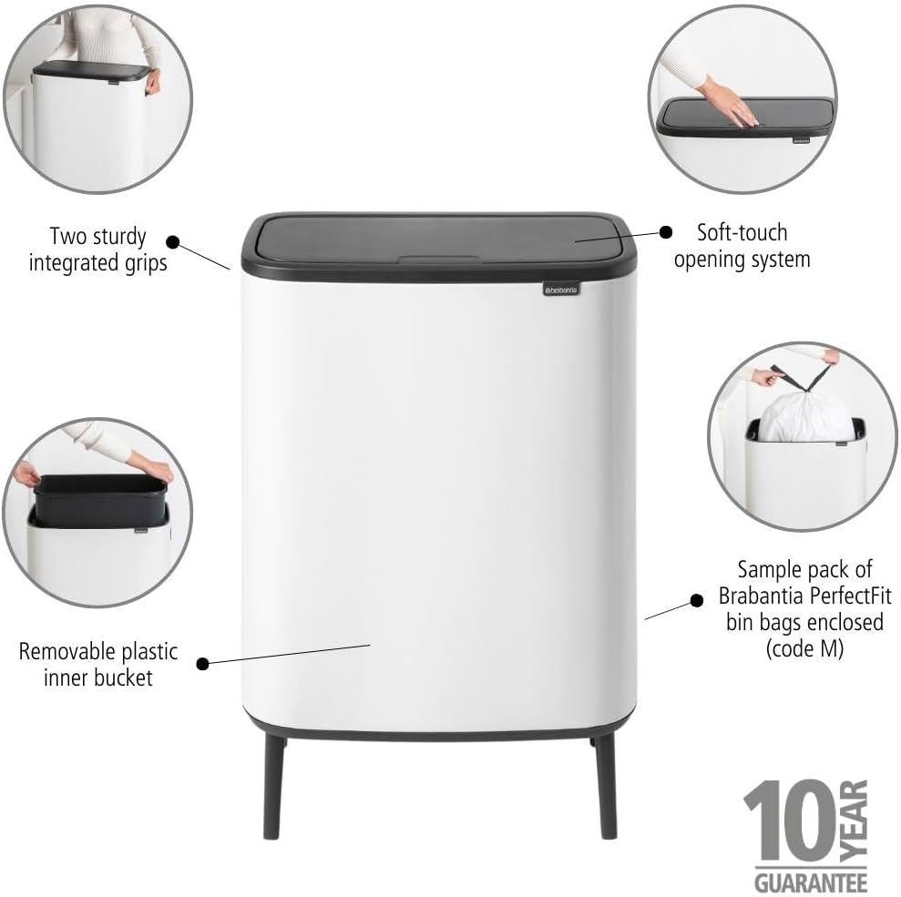Brabantia Bo Hi Touch opening mechanism with one touch, Duct with legs 2 x 30L, white