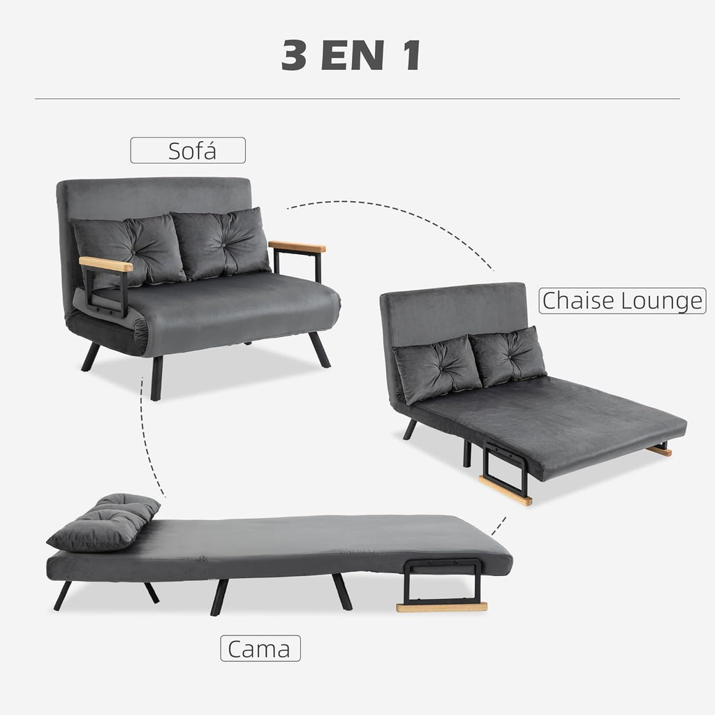 HOMCOM Sofa Bed 2 Seater Folding Sofa Bed Upholstered in Velvet with 5 Levels Adjustable Backrest and Padded Pillows for Office Bedroom Living Room 102 x 73 x 81 cm Beige