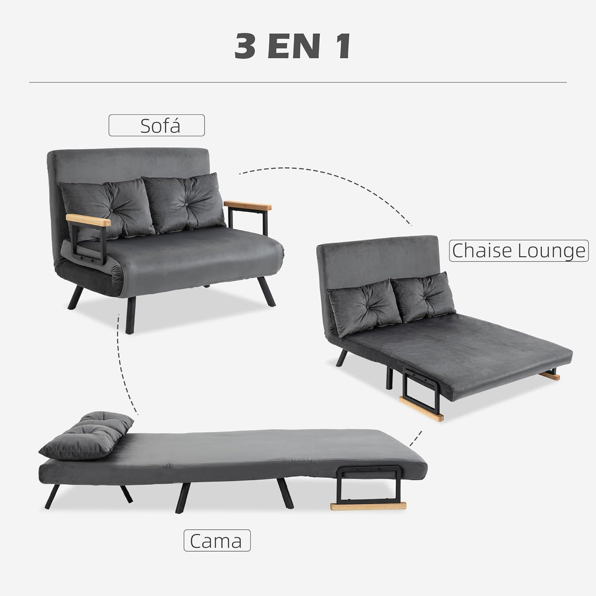 HOMCOM Sofa Bed 2 Seater Folding Sofa Bed Upholstered in Velvet with 5 Levels Adjustable Backrest and Padded Pillows for Office Bedroom Living Room 102 x 73 x 81 cm Beige