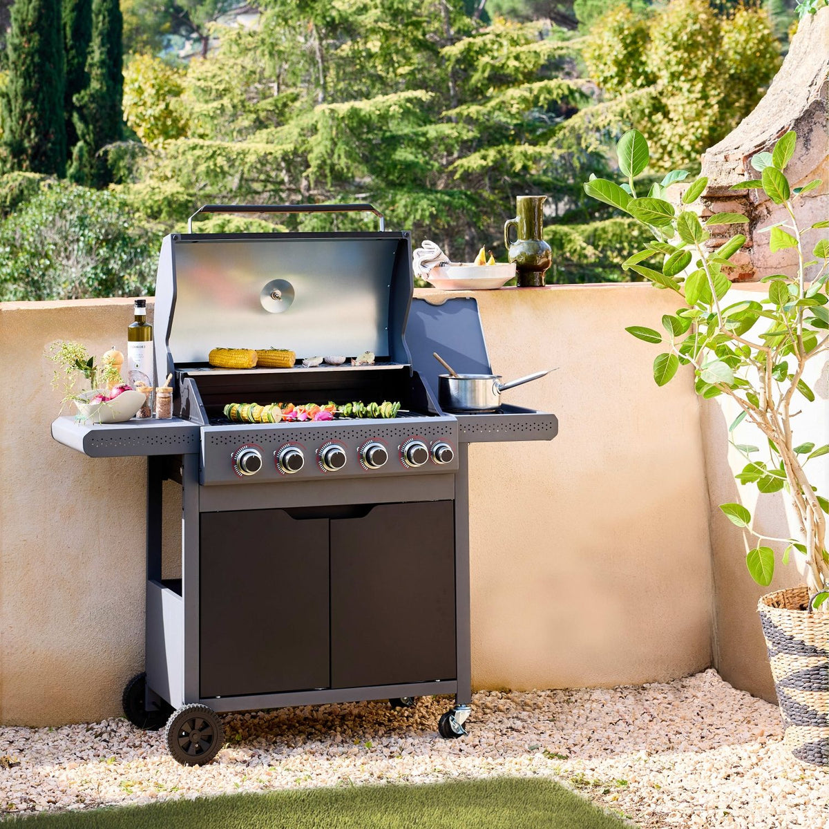Gas Barbecue 5 Burners + 1 Lateral Fire, Black