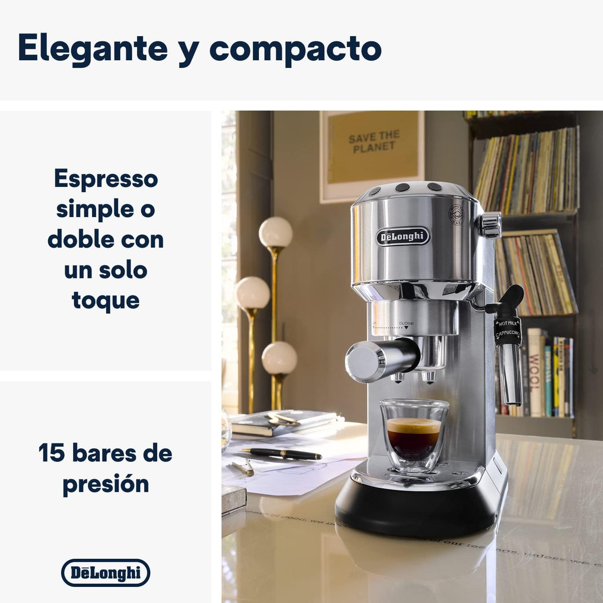 De 'Longhi Dedica - Inoxable Steel Pump Coffee Coffee Coffee Coffee, Espresso and Capuchino, 1.3 Litre Deposit, Antidote System, EC685.M Model, Metal Color
