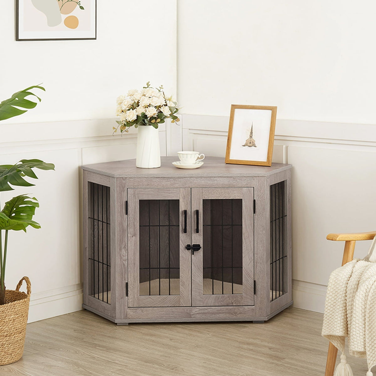 Furniture for Dog Cage Unipaws, Wood Cachor and Dog Cage, Pets Cage for Limited Spaces, Medium Size, Age Grey