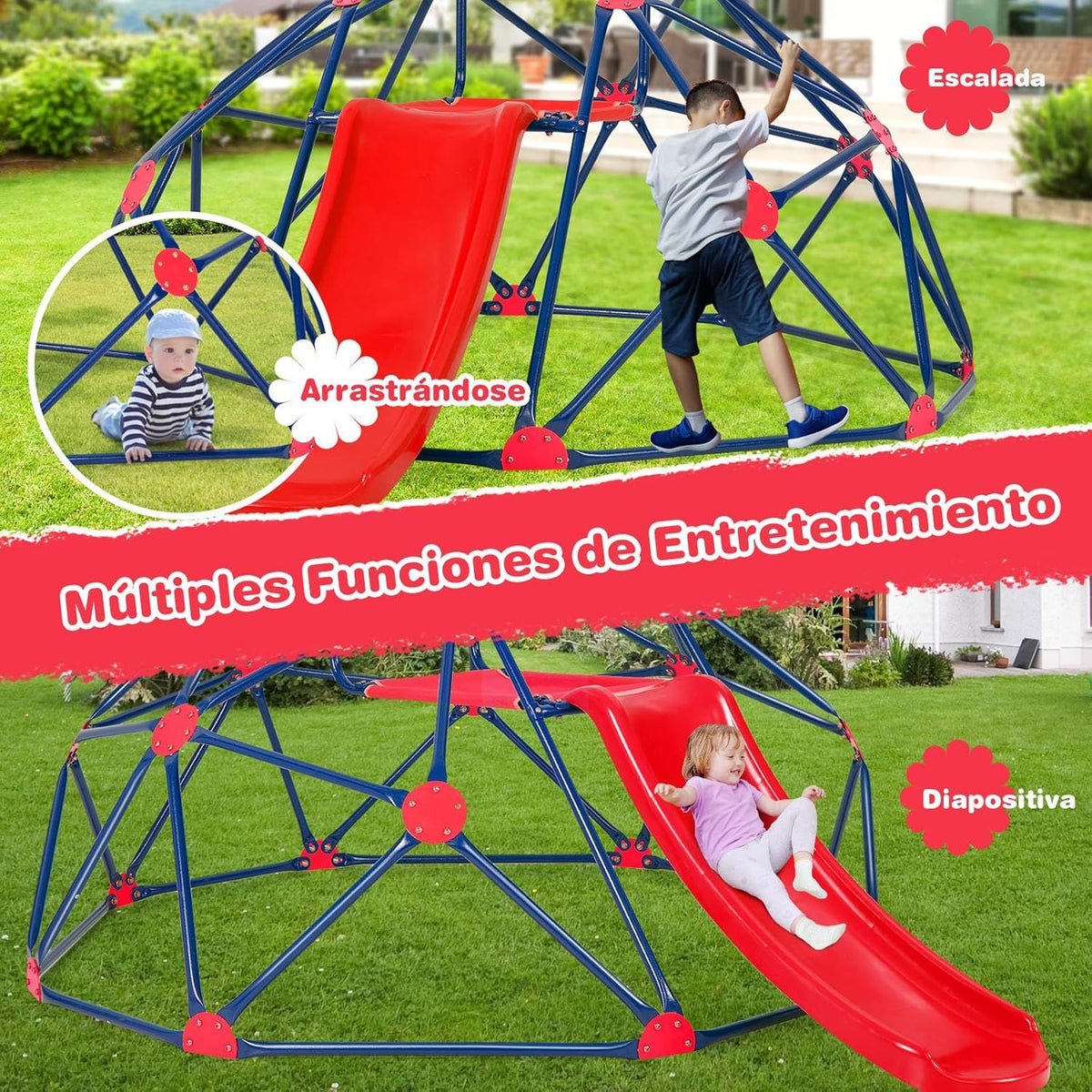 Climbing Dome, Geometric Dome Game with Resistant Tobogan, Costway 242 X 183 X 92cm Multicolor