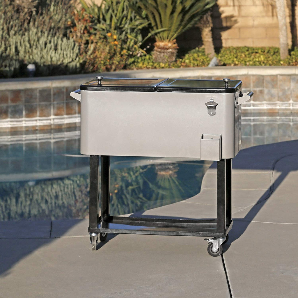 Cooler with 80-room wheels / 20 gallons for outdoor patio, grey, portable cart for cold drinks with shelf, support and bottle opener