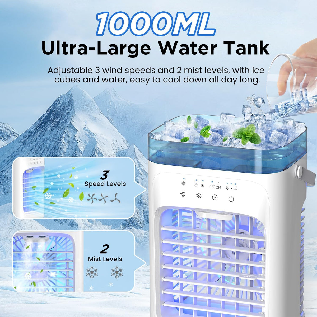 Mini Portable Air Conditioning with 1000 ml Tank, Air Friator 5 in 1 Silent, 3 Velocities / 2 Pulverization modes / Humidification / 7 LED lights / 2-4H timer, Home and Office Fan