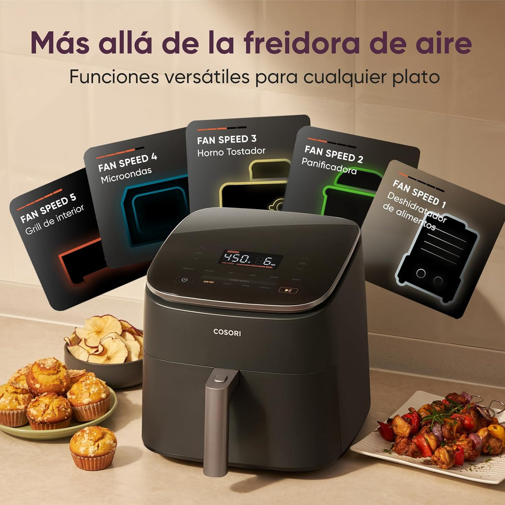Cosori Turbo Blaze Air Freidora 6L, Real Metal Interior, Exclusive DC Motor, 46% Faster, Temperature 30 ° C to 230 ° C, Ideal for Asar Meat, Complete Kitchen Programs, Silent 27dB