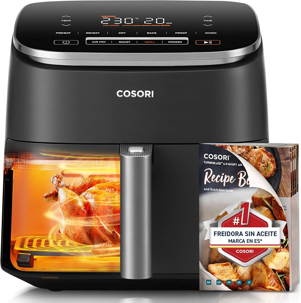 Cosori Turbo Blaze Air Freidora 6L, Real Metal Interior, Exclusive DC Motor, 46% Faster, Temperature 30 ° C to 230 ° C, Ideal for Asar Meat, Complete Kitchen Programs, Silent 27dB