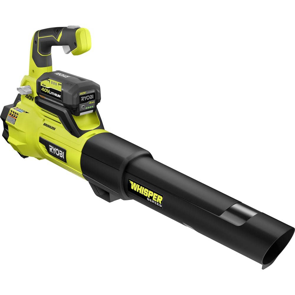 RYOBI Whisper Series 40V Brushless Wireless Battery Scan with Unbounded Motor, 125 MPH Speed and 550 CFM Air Flow, 4.0 Ah Battery and RY40470 Loader
