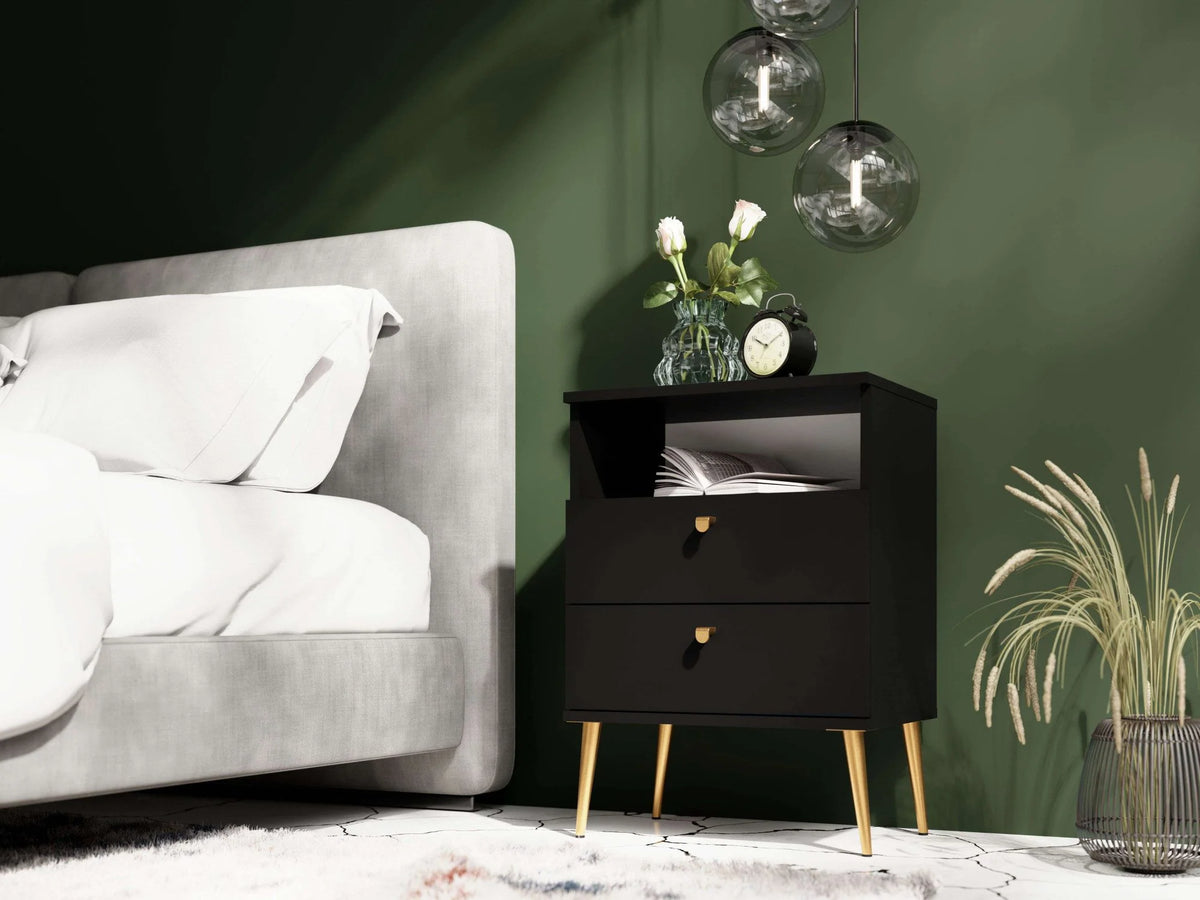 Elyria nightstand with elegant black design, metal shooters - 50 cm