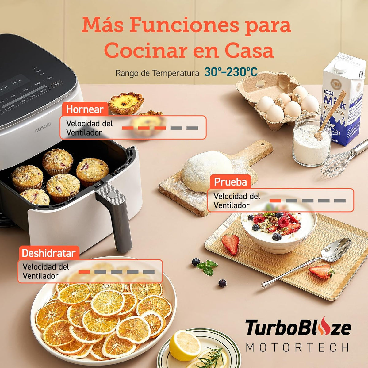 Cosori Turbo Blaze Air Freidora 6L, Real Metal Interior, Exclusive DC Motor, 46% Faster, Temperature 30 ° C to 230 ° C, Ideal for Asar Meat, Complete Kitchen Programs, Silent 27dB