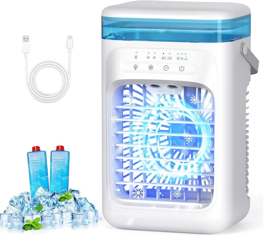 Mini Portable Air Conditioning with 1000 ml Tank, Air Friator 5 in 1 Silent, 3 Velocities / 2 Pulverization modes / Humidification / 7 LED lights / 2-4H timer, Home and Office Fan