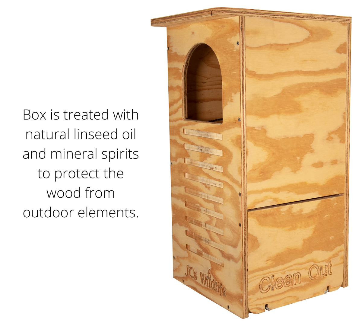 Nido box for JCs Wildlife Barred Owl - Trated plywood for outdoor - Mounting hardware and pine chips included - Special door for easy cleaning - Made in the United States.
