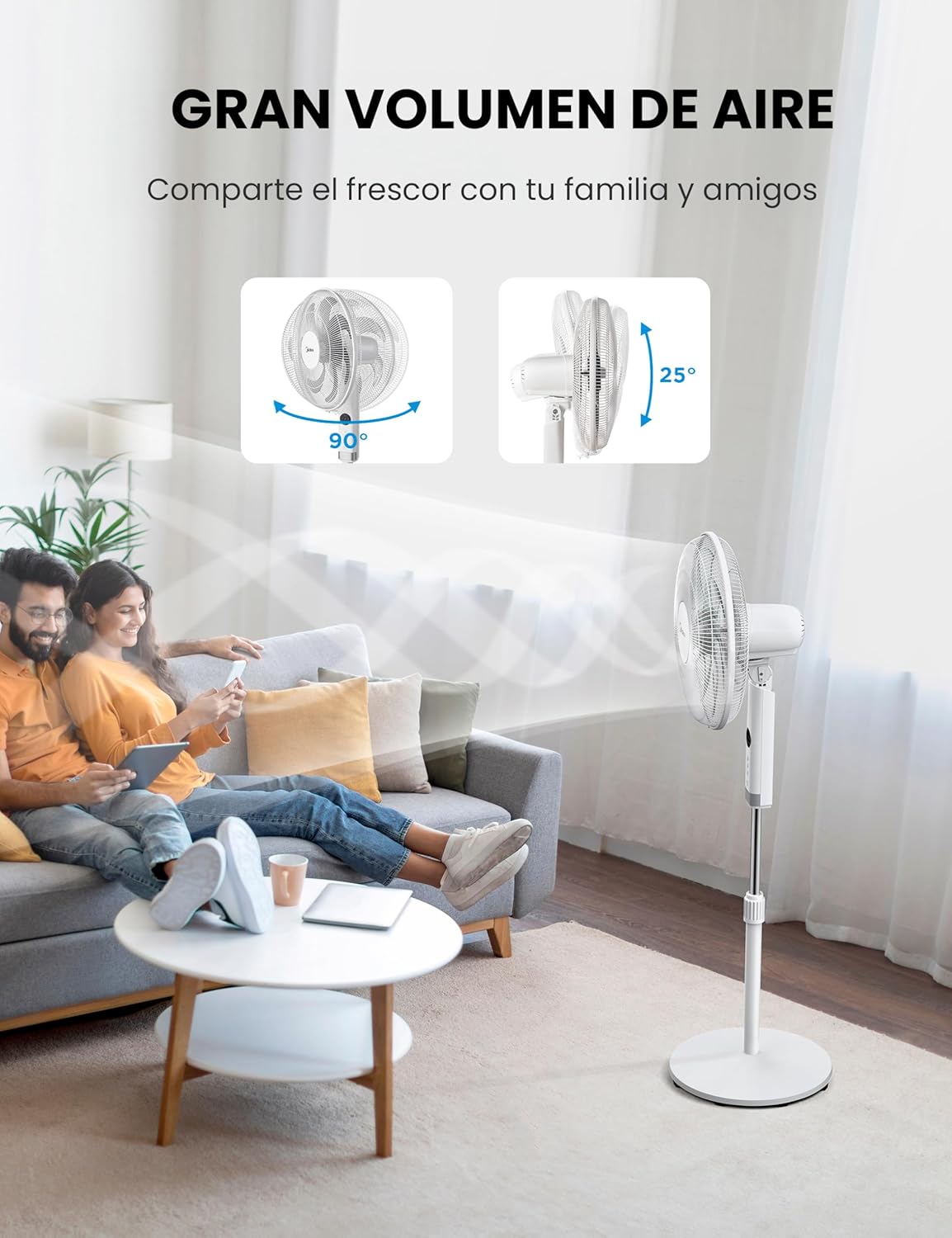 MIDEA Foot Fan 12 Velocities with Remote Control - Silent Fan with Oscillation of 120º + 135º - Fan with Timer, Filter and Double Aspa - Air Flow up to 24 meters