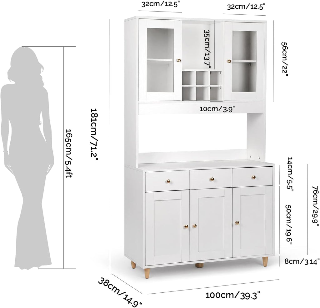 VOWNER Bathroom Kitchen / Buffet, 100L x 38W x 181H cm, Storage Assistant Furniture, 5 Doors and 5 Adjustable Balances, White