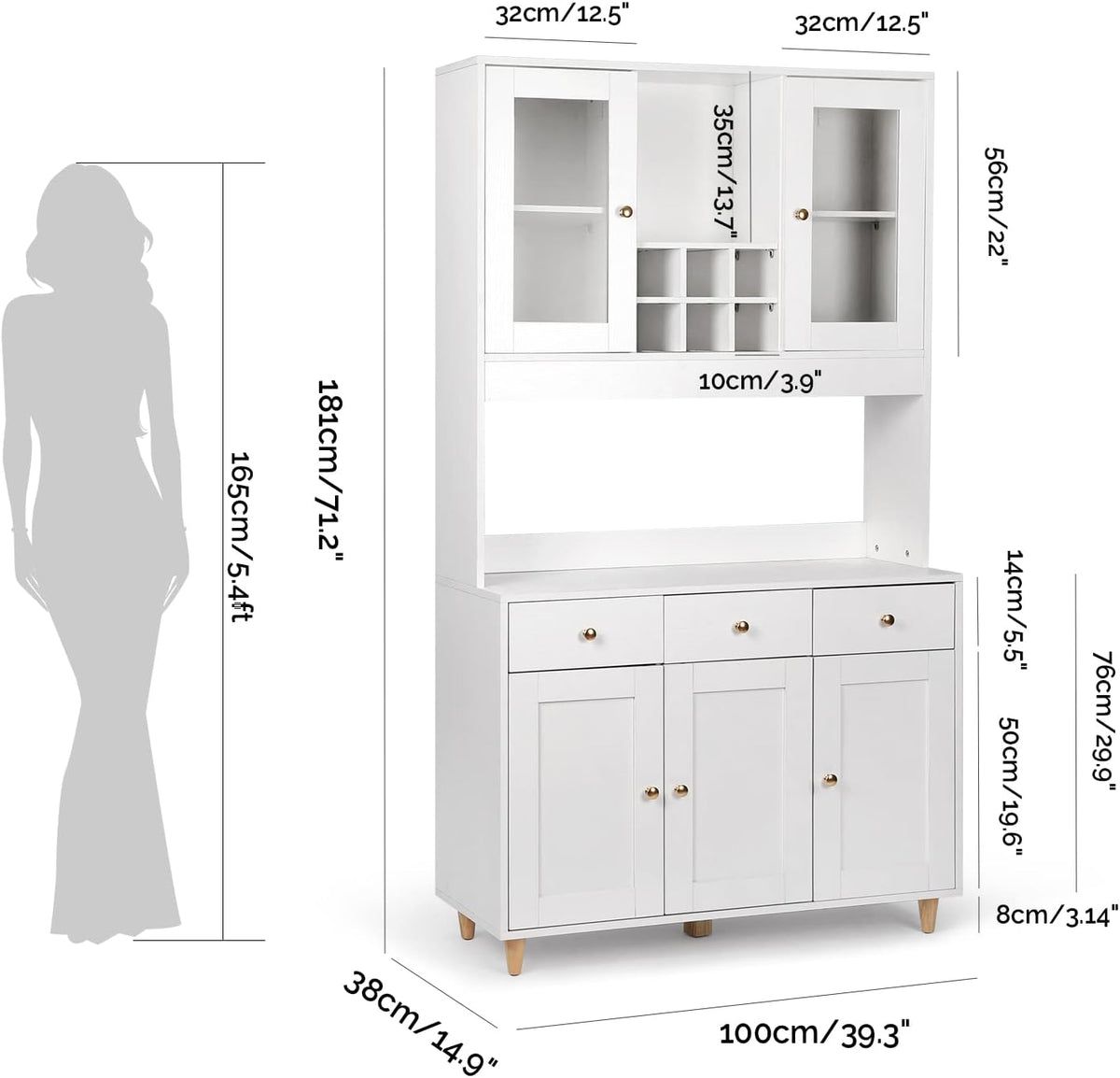 VOWNER Bathroom Kitchen / Buffet, 100L x 38W x 181H cm, Storage Assistant Furniture, 5 Doors and 5 Adjustable Balances, White