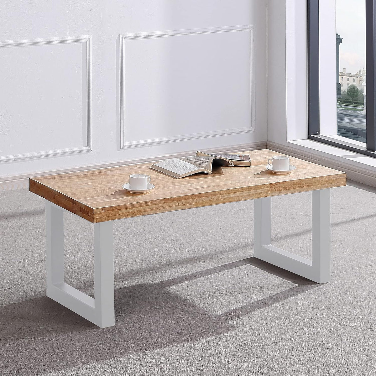 Duehome | Loft, Lifting Coffee Table, Dining Table, Oak and White Finish, Measures: 120 cm (L) x 60 cm (W) x 47.5/62 cm (H)
