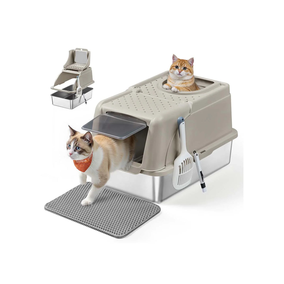 Sand case for cats of stainless steel with folding cap