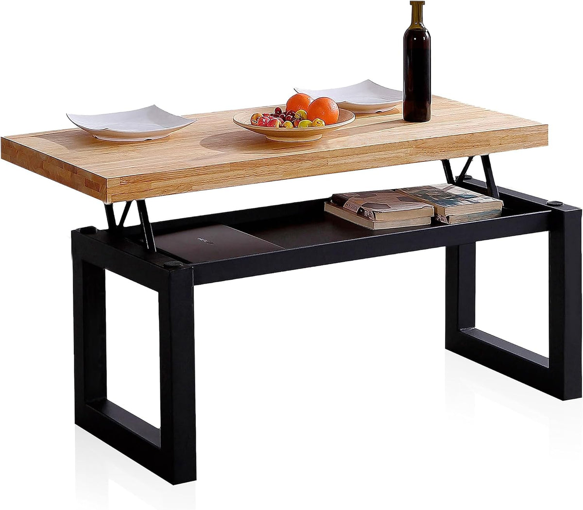 Duehome | Loft, Lifting Coffee Table, Dining Table, Oak and White Finish, Measures: 120 cm (L) x 60 cm (W) x 47.5/62 cm (H)