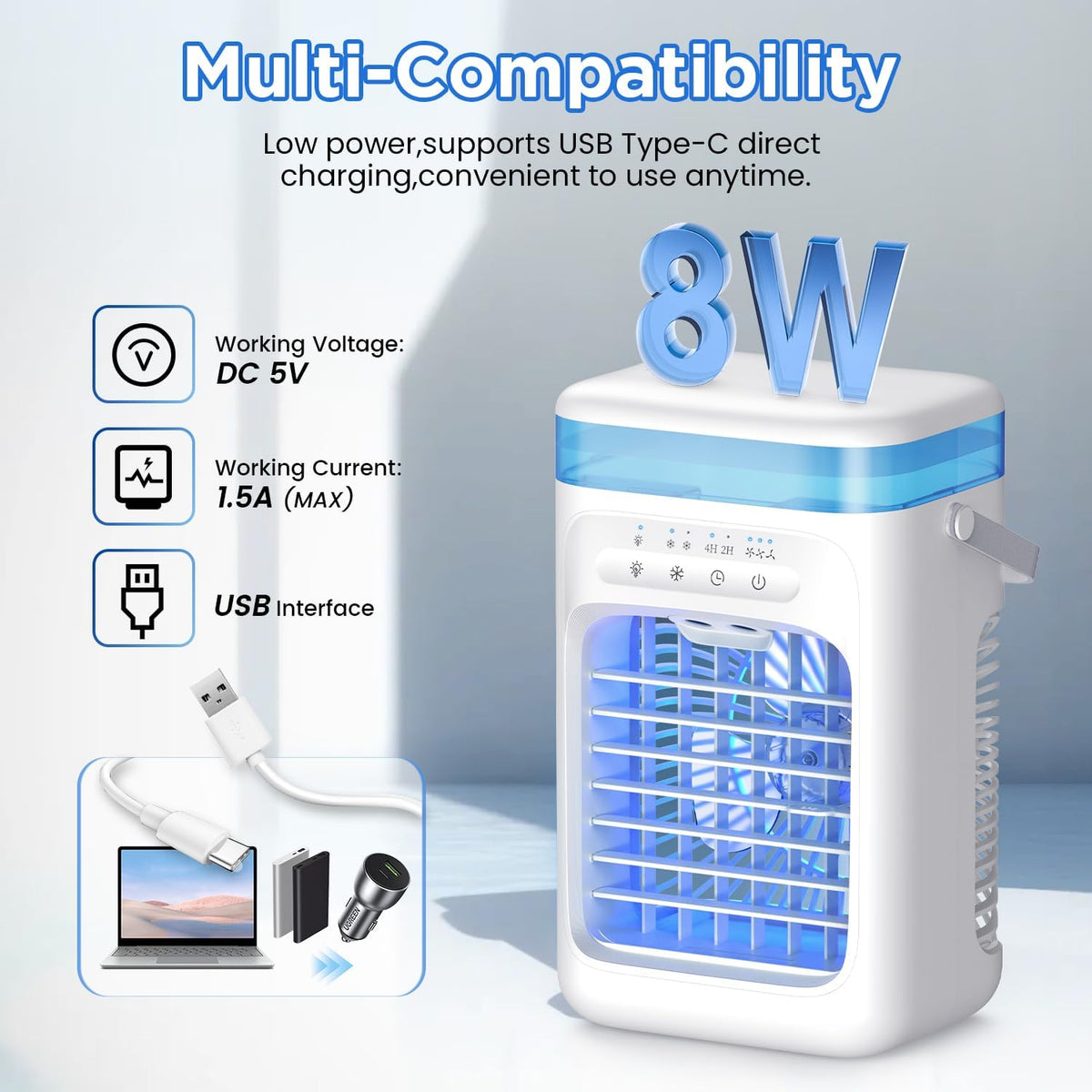 Mini Portable Air Conditioning with 1000 ml Tank, Air Friator 5 in 1 Silent, 3 Velocities / 2 Pulverization modes / Humidification / 7 LED lights / 2-4H timer, Home and Office Fan