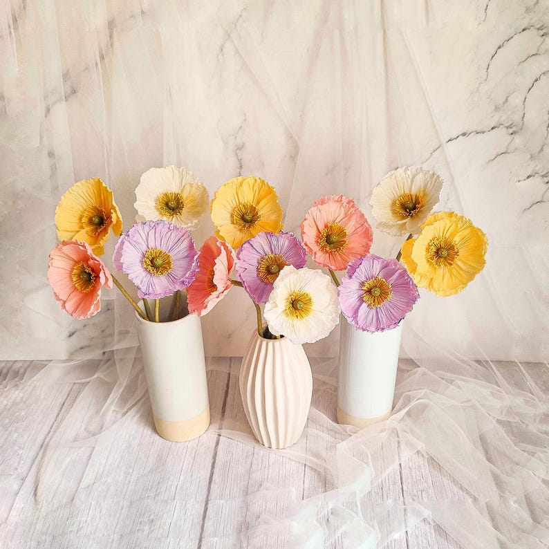 Crepe paper flowers, Icelandic poppies, bouquet of bride in pastel tones