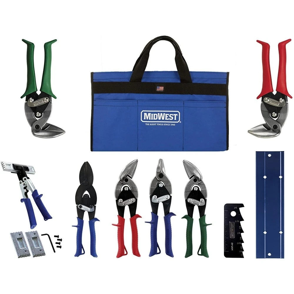 MIDWEST - HVAC Tool Kit - Set of 9 Parts that includes Aviation Scissors with Tools for Metal and Bag Work - MWT-HVACKIT03