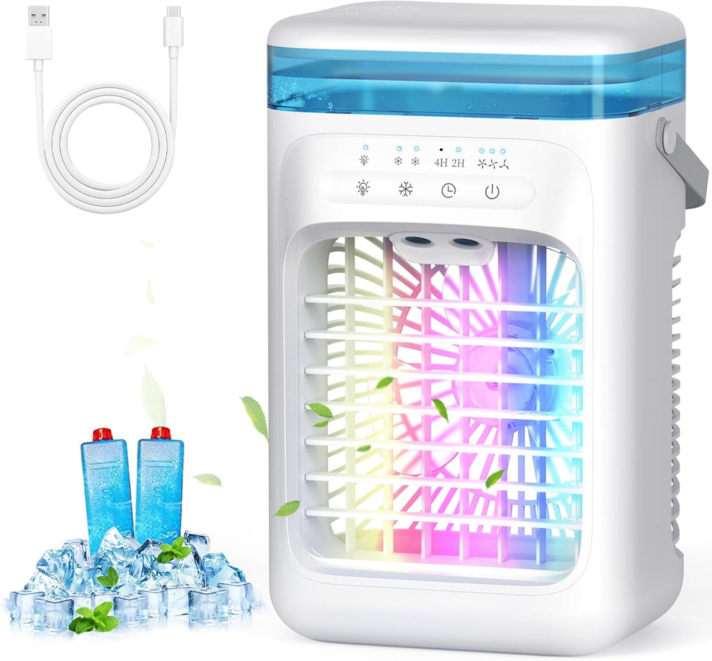 AIMIUVEI Mini Air Conditioning Portable, Air Friator 5 in 1, Fan with 1000 ml tank, 3 Velocities, 2 Nebulization modes, 2-4 hour timer, Refrigerator with 7 LED lights for Bedroom and Office