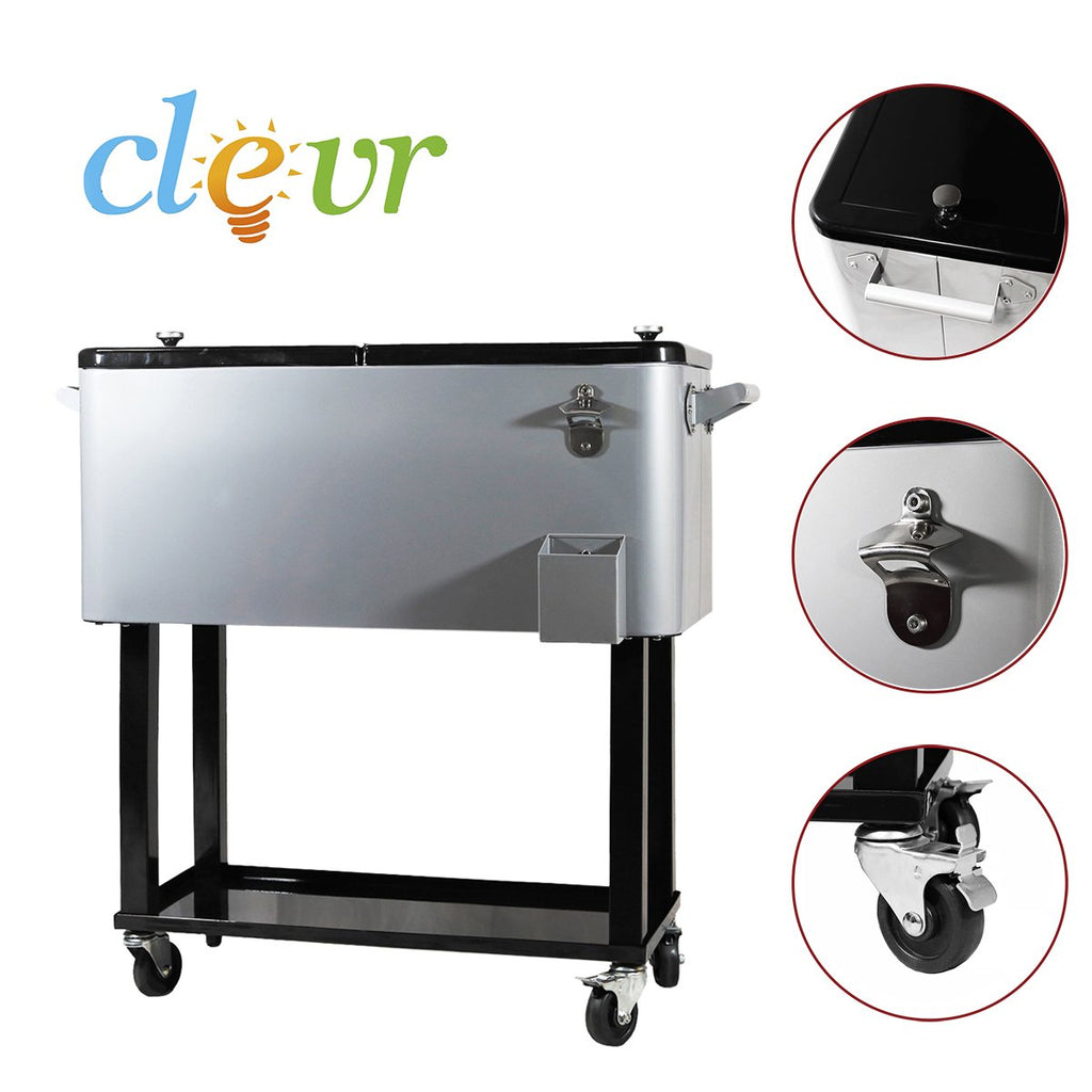 Cooler with 80-room wheels / 20 gallons for outdoor patio, grey, portable cart for cold drinks with shelf, support and bottle opener