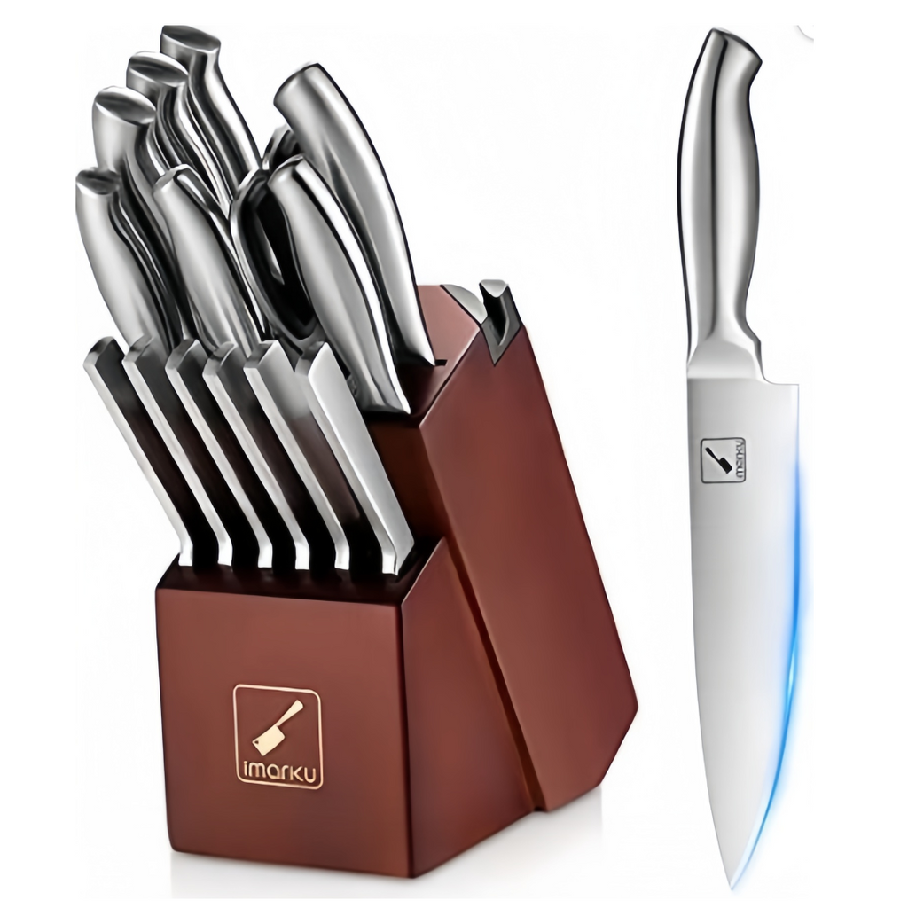 Set of kitchen knives with block, imarku 15 pieces of high carbon German steel, knife set with built-in sharpener, silver color