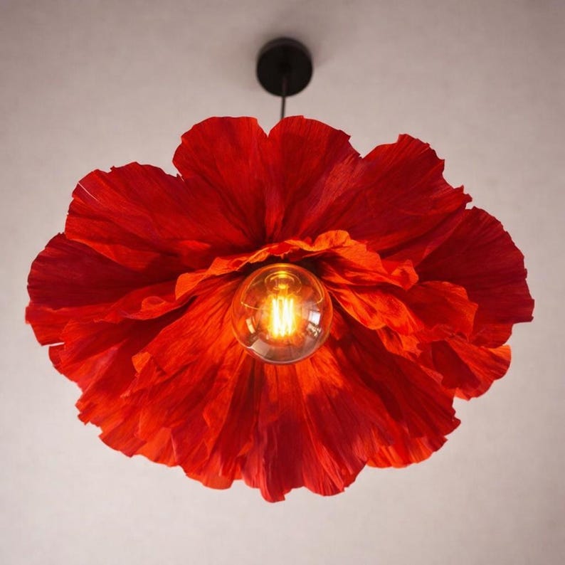 Screen of paper lamp crepe red poppy, ceiling lamp floral pendant