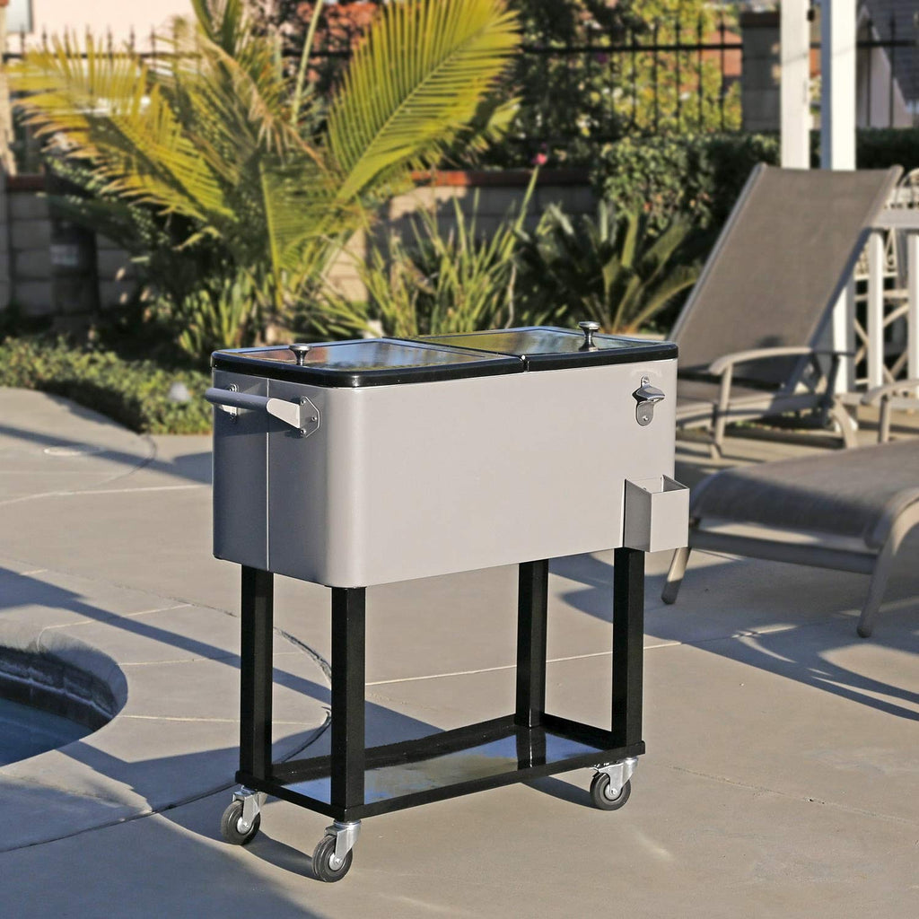 Cooler with 80-room wheels / 20 gallons for outdoor patio, grey, portable cart for cold drinks with shelf, support and bottle opener