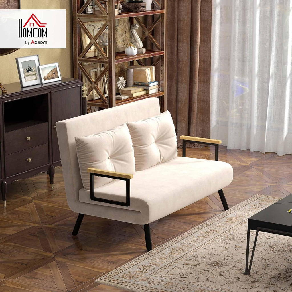 HOMCOM Sofa Bed 2 Seater Folding Sofa Bed Upholstered in Velvet with 5 Levels Adjustable Backrest and Padded Pillows for Office Bedroom Living Room 102 x 73 x 81 cm Beige