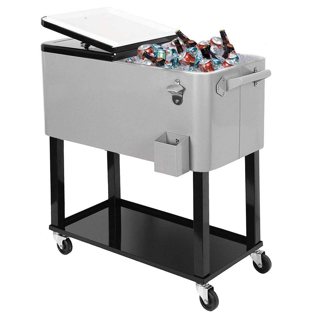 Cooler with 80-room wheels / 20 gallons for outdoor patio, grey, portable cart for cold drinks with shelf, support and bottle opener