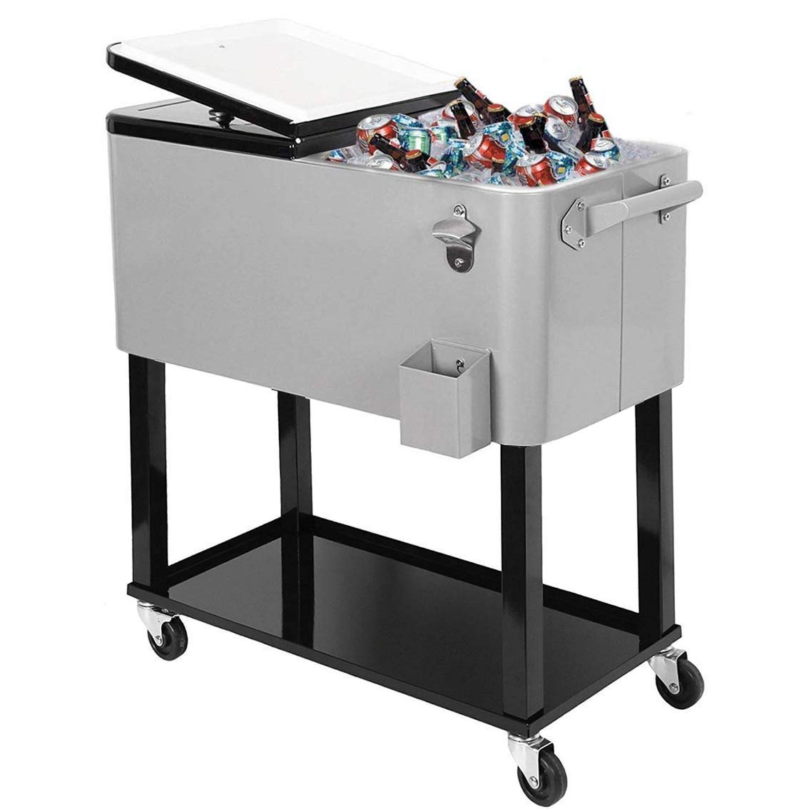 Cooler with 80-room wheels / 20 gallons for outdoor patio, grey, portable cart for cold drinks with shelf, support and bottle opener