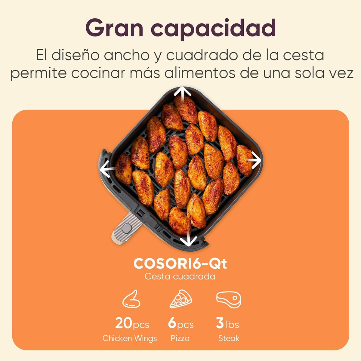 Cosori Turbo Blaze Air Freidora 6L, Real Metal Interior, Exclusive DC Motor, 46% Faster, Temperature 30 ° C to 230 ° C, Ideal for Asar Meat, Complete Kitchen Programs, Silent 27dB