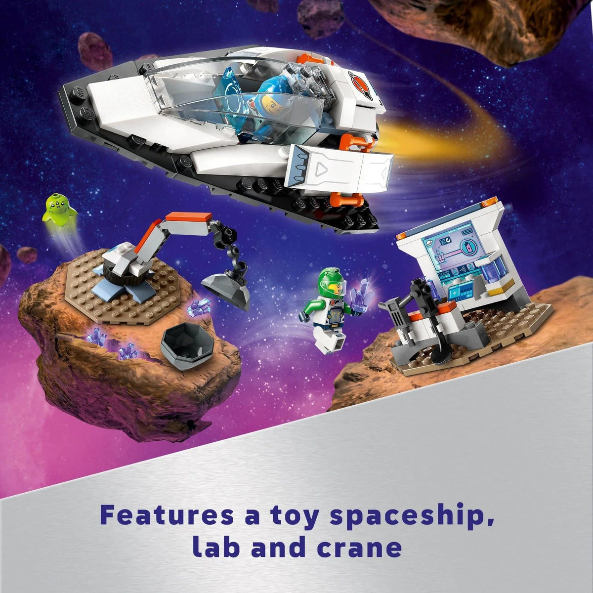 Set of Construction LEGO City Space Ship and Asteroid Discovery, Gift for 4-year-old children in advance who love the Imagination Game, includes 2 Minifigures of Space Crew, Alien, Crystals and Crane, 60429