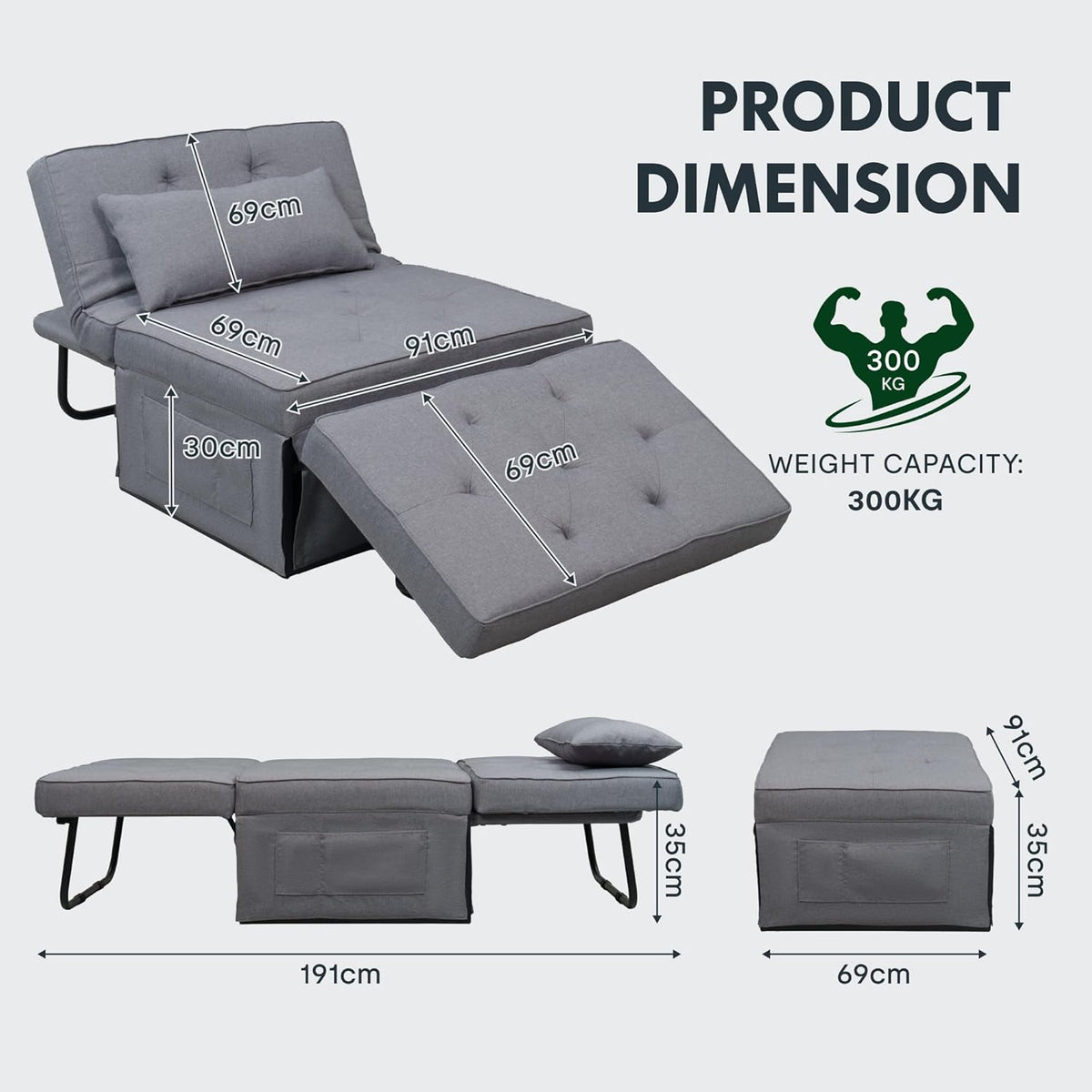 FLEXISPOT Sofa Bed Extendable Folding Sleeping Chair with Bed Function, Chair Beds with Function, Convertible Bed Chair, Load Capacity 300 kg, Grey