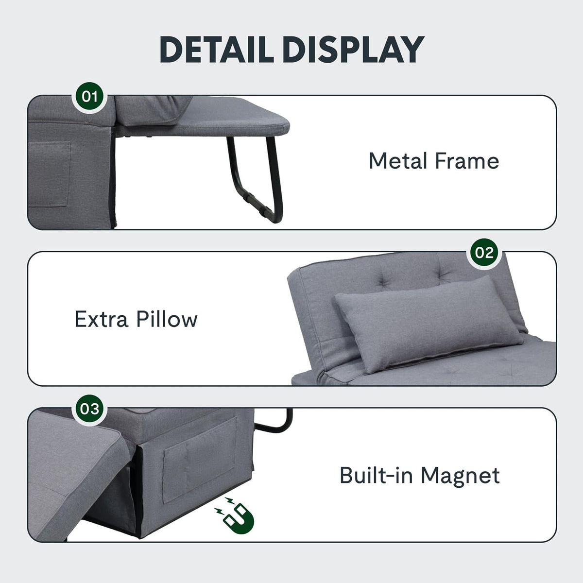 FLEXISPOT Sofa Bed Extendable Folding Sleeping Chair with Bed Function, Chair Beds with Function, Convertible Bed Chair, Load Capacity 300 kg, Grey