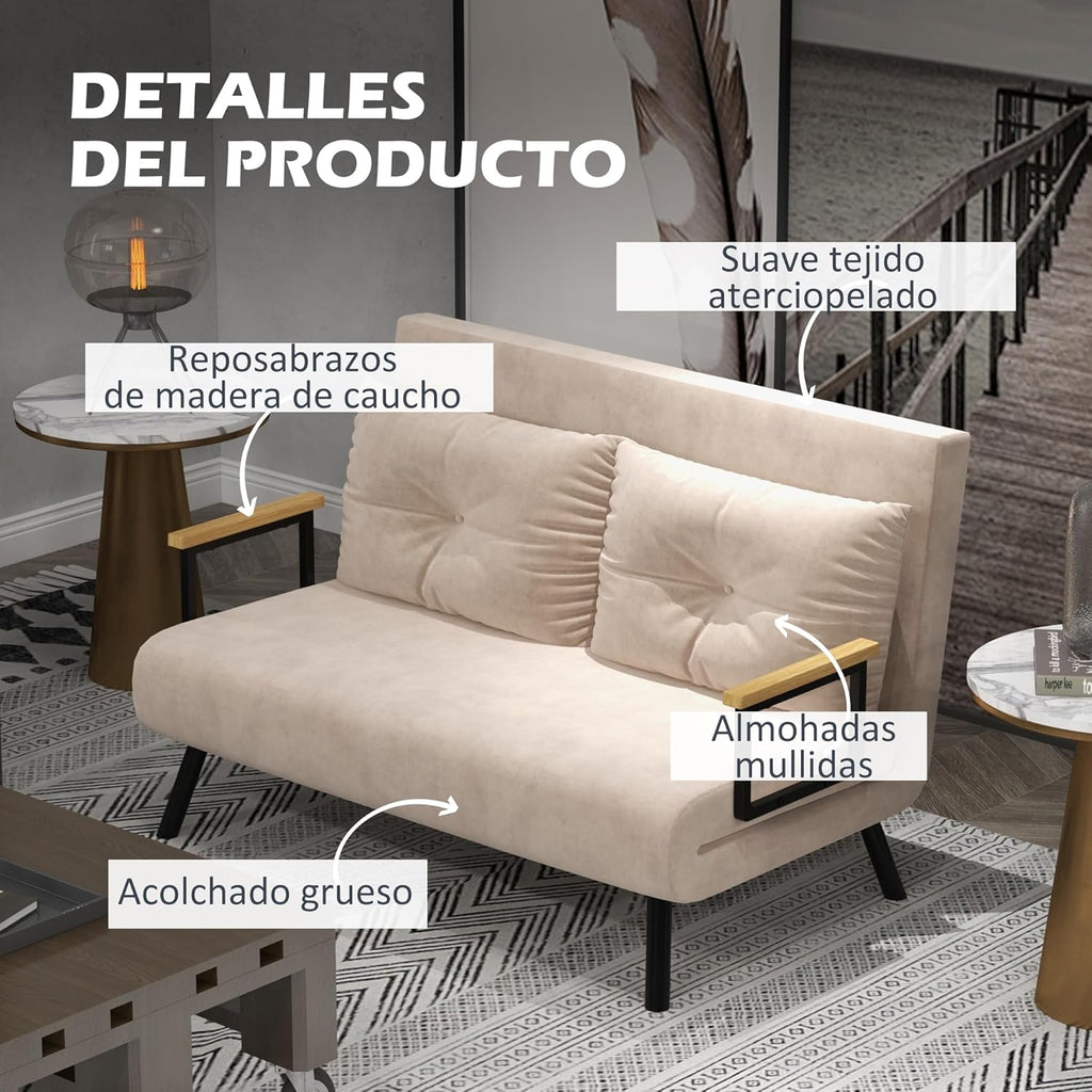 HOMCOM Sofa Bed 2 Seater Folding Sofa Bed Upholstered in Velvet with 5 Levels Adjustable Backrest and Padded Pillows for Office Bedroom Living Room 102 x 73 x 81 cm Beige