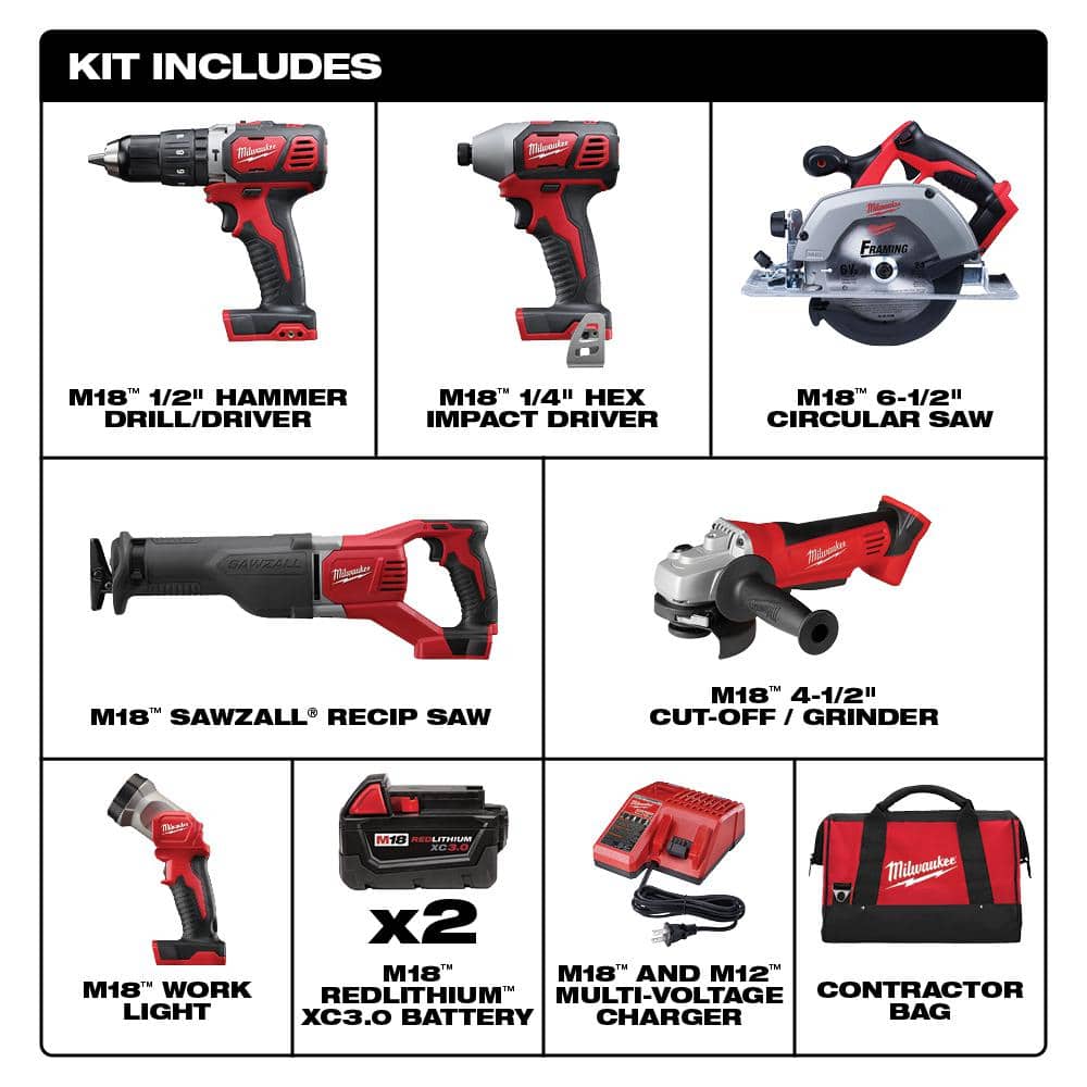 18V M18 wireless combined kit with lithium battery (6 tools) with two 3.0 Ah batteries, 1 charger, 1 tool bag 2696-26