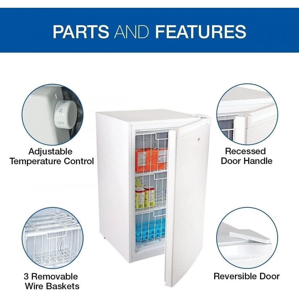 Freezer Vertical Koolatron Compact with Compressor Cooling Technology, capacity of 3.0 Cubic Feet - Ideal for Apartments, Condominiums, Offices, Rolling Houses, Cabins, Small Kitchen - White