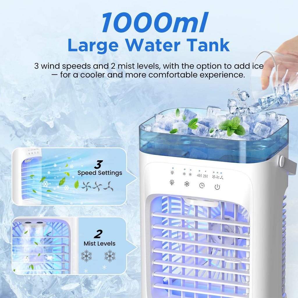 AIMIUVEI Mini Air Conditioning Portable, Air Friator 5 in 1, Fan with 1000 ml tank, 3 Velocities, 2 Nebulization modes, 2-4 hour timer, Refrigerator with 7 LED lights for Bedroom and Office