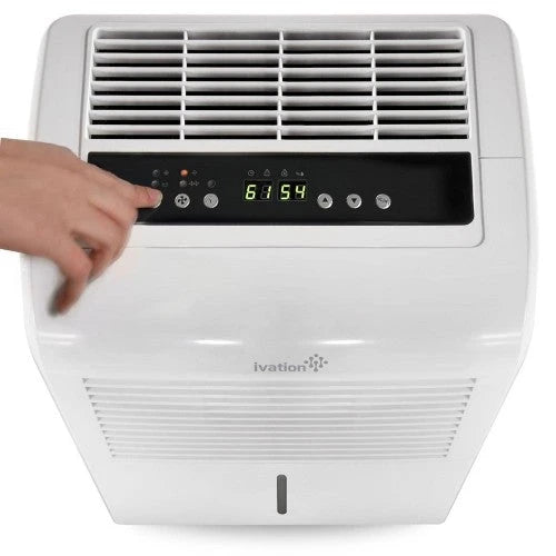 30-pint Energy Star-certified Ivation dehumidifier - includes programmable humidistate, hose connector, automatic switch off / restart, timer, wheels and air-washable filter.