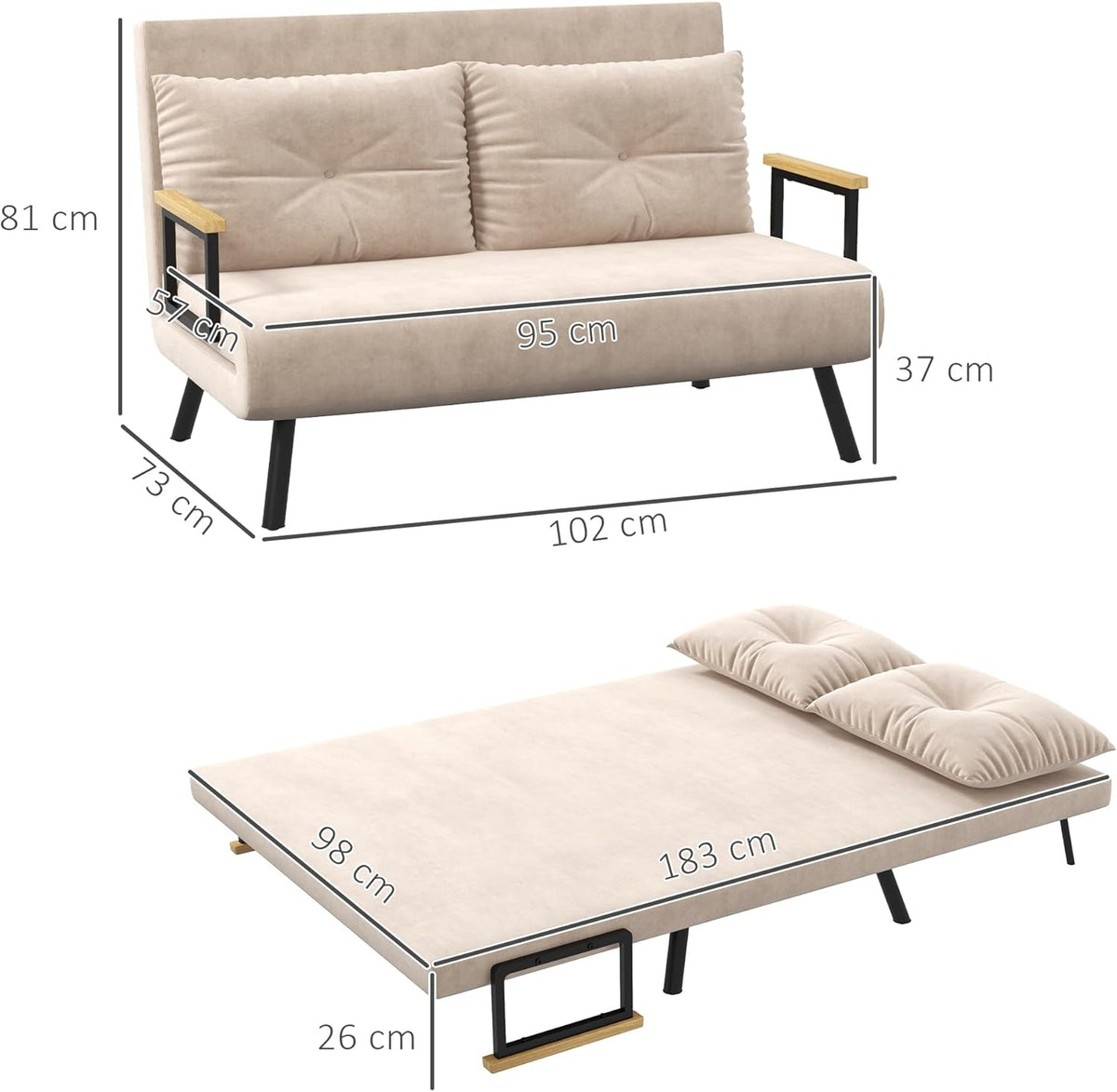 HOMCOM Sofa Bed 2 Seater Folding Sofa Bed Upholstered in Velvet with 5 Levels Adjustable Backrest and Padded Pillows for Office Bedroom Living Room 102 x 73 x 81 cm Beige