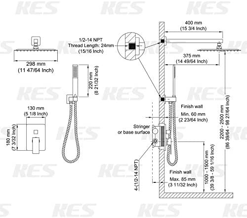 KES Shower System with 12-inch Rainhead Shower