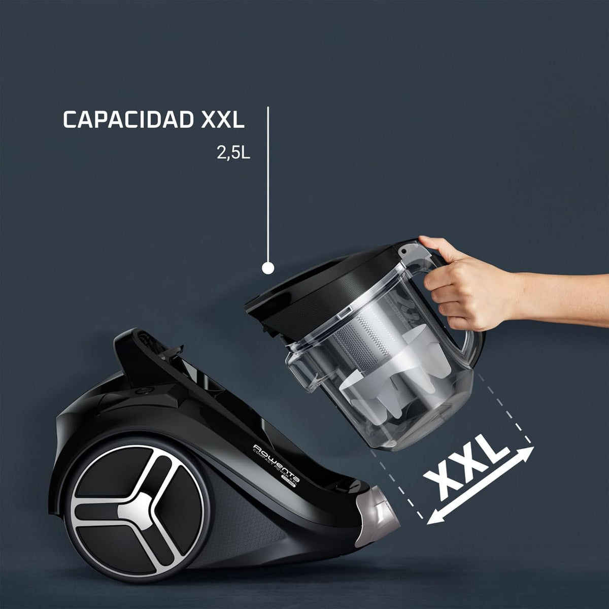 Rowenta Compact Power XXL Bag-free vacuum cleaner, 900W Energy-Efficient Motor, Advanced Cyclonic Filtration, 2.5L Large Extra Deposit, Compact, Classic Kit, RO4B23 Model